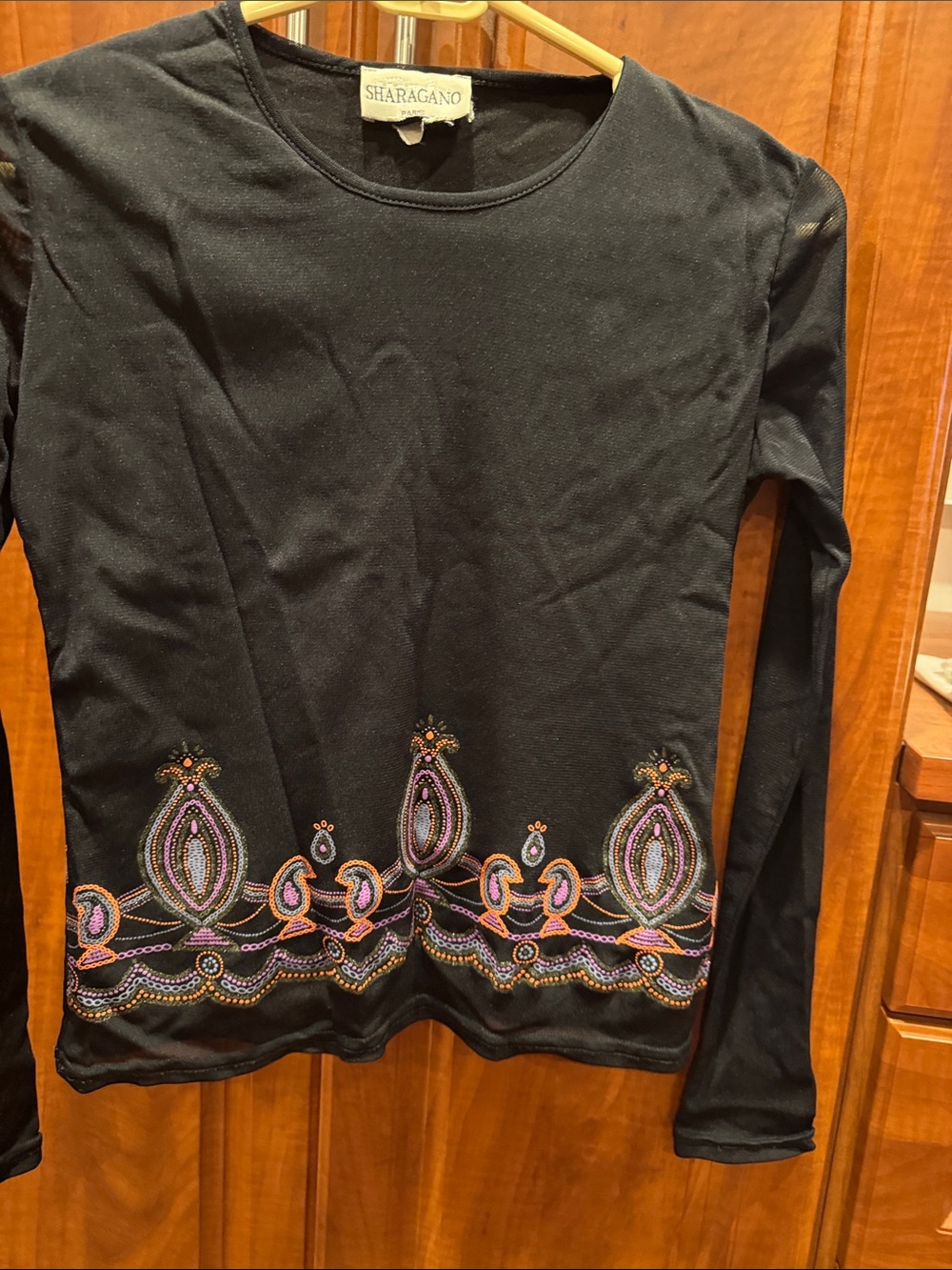 Sharagano Black Long-Sleeve Top with Multicolor Paisley Embroidery